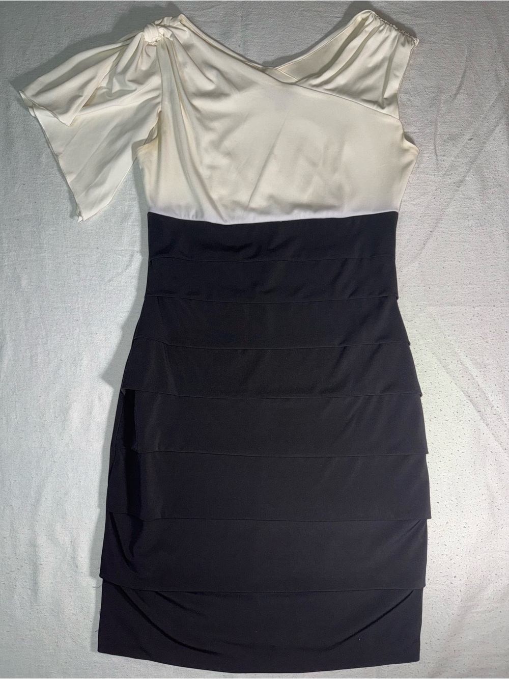 Enfocus Studio Black and Cream One-Shoulder Tiered Dress